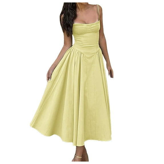 vigerkar Sleeveless Corset Dress for Women 2025 Elegant Spaghetti Strap Midi Dress Flowy Pleated Hem Low Cut Prom Dresses Yellow, XL