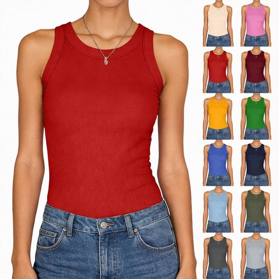 vigerkar Sleeveless Tank Tops for Women High Neck Racerback Ribbed Knit Top Summer 2026 Casual Basic Slim Fit Workout Shirts (Light Blue, M)