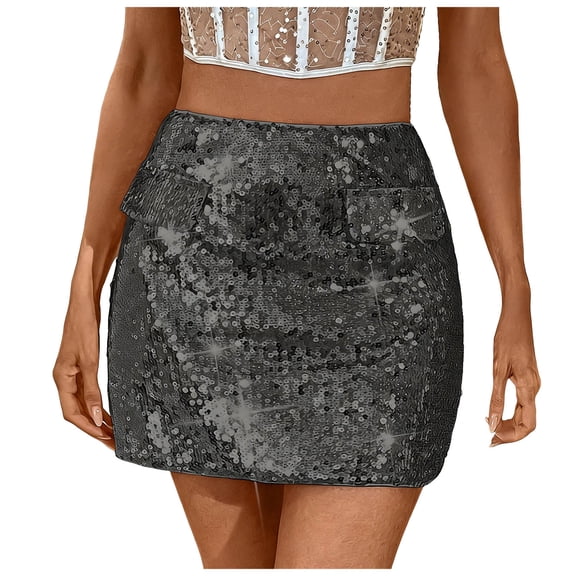 vigerkar Sparkly Sequin Mini Skirt,High Waisted Glitter Holiday Skirts,Disco Concert Outfit for Women (Black, L)