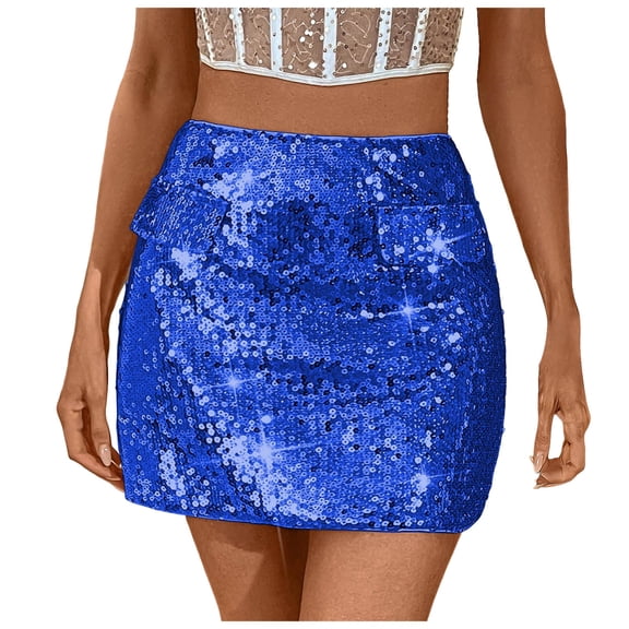 vigerkar Sparkly Sequin Mini Skirt,High Waisted Glitter Holiday Skirts,Disco Concert Outfit for Women (Blue, XL)