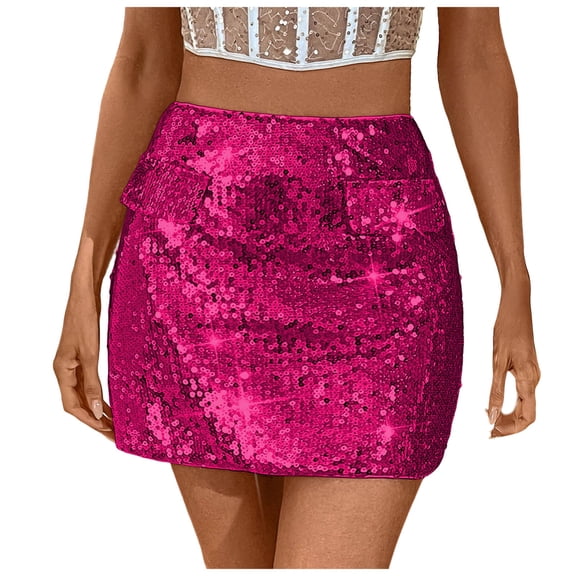 vigerkar Sparkly Sequin Mini Skirt,High Waisted Glitter Holiday Skirts,Disco Concert Outfit for Women (Hot Pink, M)