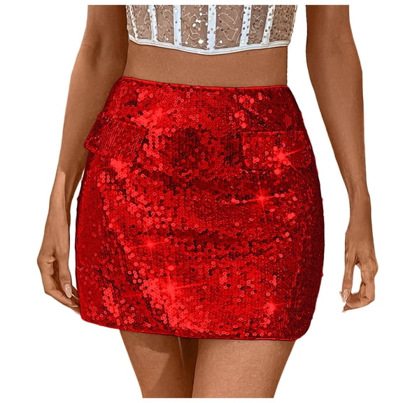 vigerkar Sparkly Sequin Mini Skirt,High Waisted Glitter Holiday Skirts,Disco Concert Outfit for Women (Red, XL)