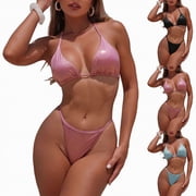 vigerkar Sparkly String Bikini, High Cut Thong, 2 Piece Sexy Swimsuit Pink, M