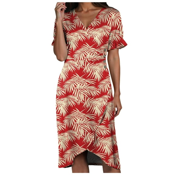 vigerkar Spring Summer Chiffon Midi Dresses for Women 2025 Elegant Classy Wedding Guest Flowy Dress Red, 3XL