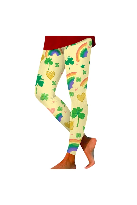 St Patricks Day Leggings for Women Casual Shamrock Legging Irish Green Pant Soft Workout Yoga Pants (Yellow, XXL)