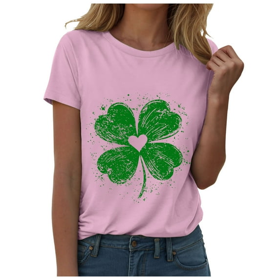 vigerkar St Patricks Day Short Sleeve Shirt for Women Shamrock St Paddys Day T-Shirt Lucky Clover Tee Top (Pink, L)
