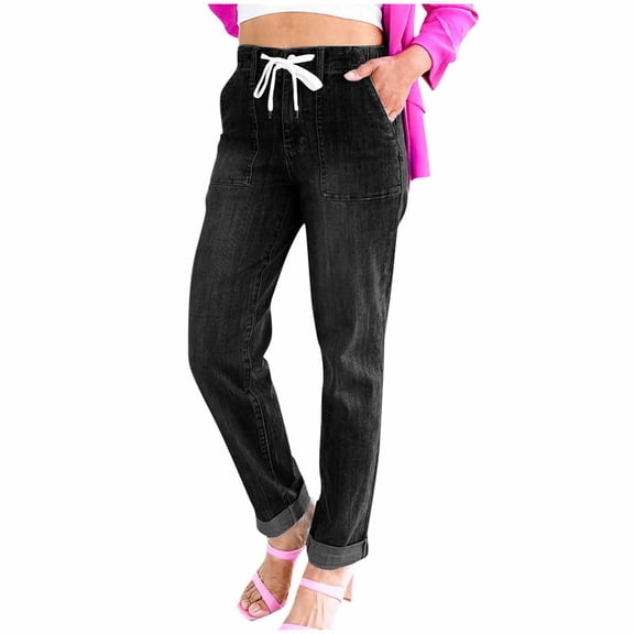 vigerkar Stretchy Straight Leg Jeans for Women Baggy Drawstring Elastic Waist Jeans Y2k Boyfriend Denim Pants with Pockets (Black, M)