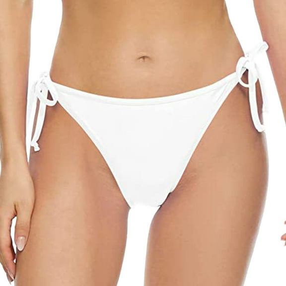 vigerkar Women String Tie Side Bikini Bottoms Full Coverage Swimsuit Bottom Low Waist Bathing Suit White, M