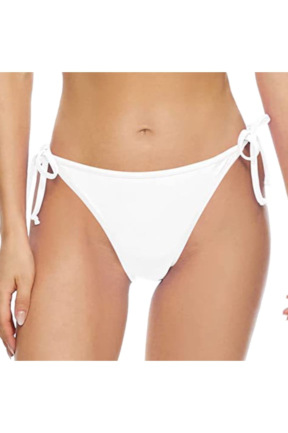 Women String Tie Side Bikini Bottoms Full Coverage Swimsuit Bottom Low Waist Bathing Suit White, M