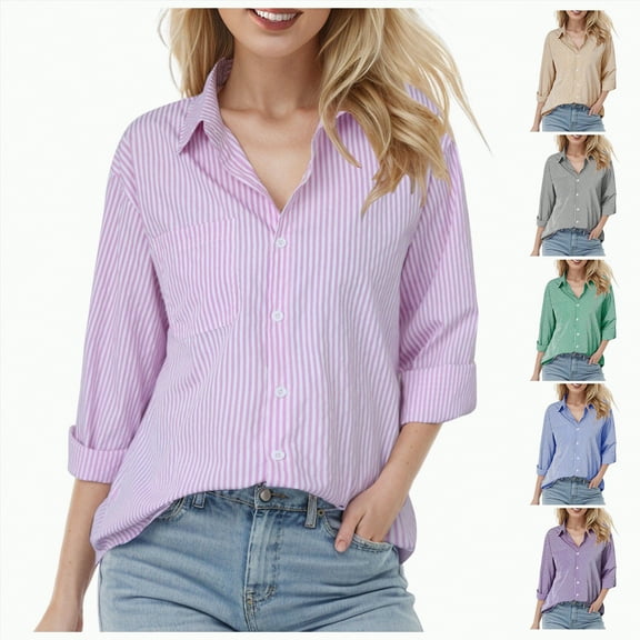 vigerkar Striped Button Down Shirts for Women Fashion Dress Shirts Long Sleeve Collared Blouses Work Business Casual Tops (Black, S)