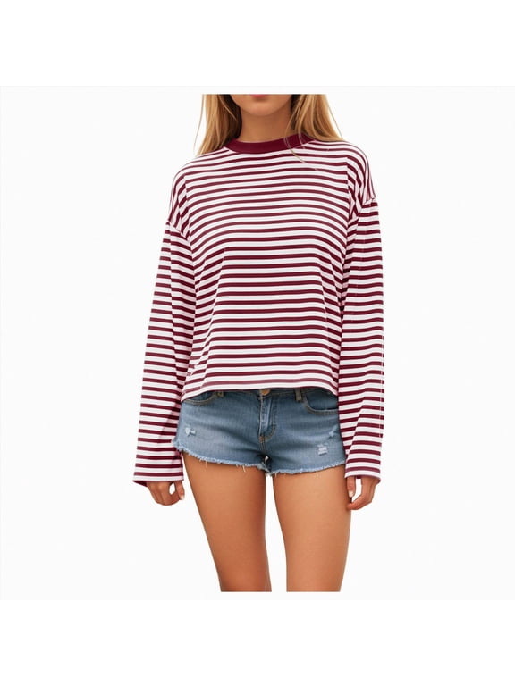 Striped Long Sleeve Shirt Women Oversized Baggy Crewneck T-Shirt, Boxy Cropped Y2K Preppy Vintage Teen Fall Pullover (Red, L)