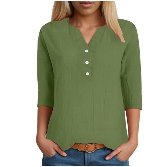 vigerkar Summer 3/4 Sleeve Shirts for Women Notch V Neck Loose Fit Blouses Dressy Casual Tunics Tops AG, S