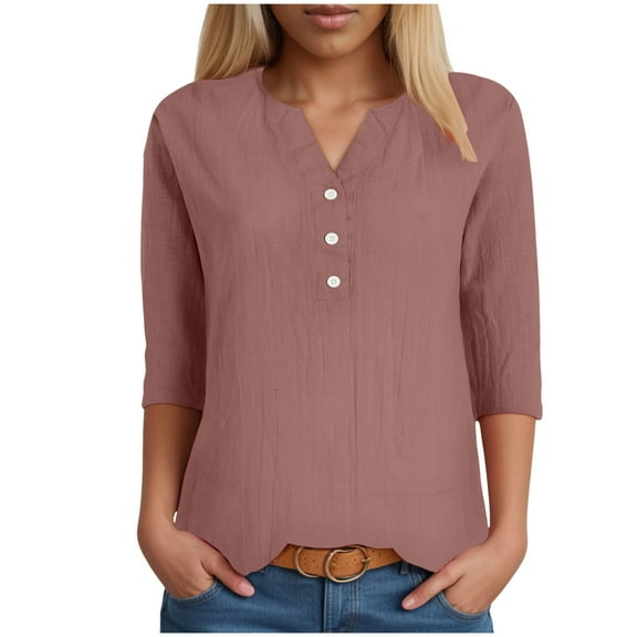 vigerkar Summer 3/4 Sleeve Shirts for Women Notch V Neck Loose Fit Blouses Dressy Casual Tunics Tops Brick Red, L