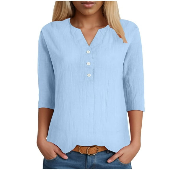 vigerkar Summer 3/4 Sleeve Shirts for Women Notch V Neck Loose Fit Blouses Dressy Casual Tunics Tops Light Blue, L