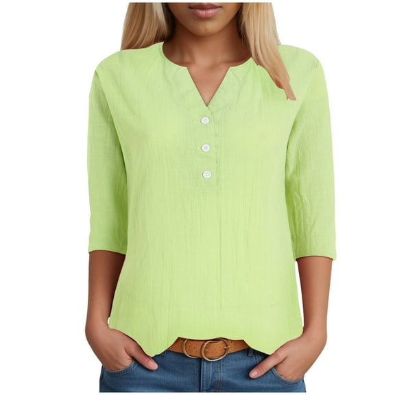 vigerkar Summer 3/4 Sleeve Shirts for Women Notch V Neck Loose Fit Blouses Dressy Casual Tunics Tops Light Green, L