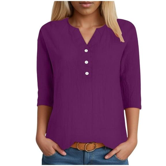 vigerkar Summer 3/4 Sleeve Shirts for Women Notch V Neck Loose Fit Blouses Dressy Casual Tunics Tops Purple, XXL