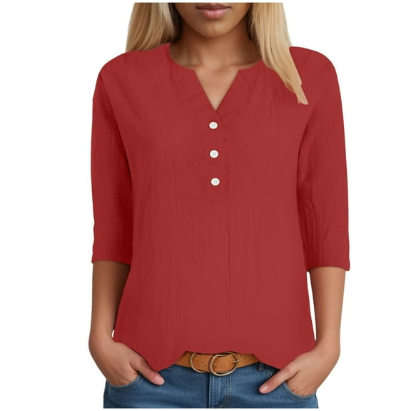 vigerkar Summer 3/4 Sleeve Shirts for Women Notch V Neck Loose Fit Blouses Dressy Casual Tunics Tops , L
