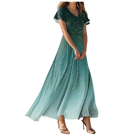 vigerkar Summer Dress for Women 2025 Elegant Swing Flowy Ruffle V Neck Boho Sun Dresses Trendy Casual Vacation Long Sundresses Mint Green, S