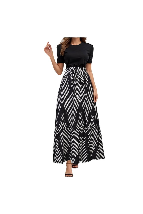 Summer Dresses for Women 2025 Floral Print Wrap Short Sleeve Maxi Dress Patchwork Ruffle Hem A Line Dress Black, XXL