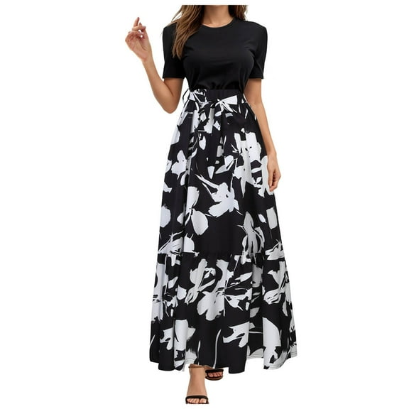 vigerkar Summer Dresses for Women 2025 Floral Print Wrap Short Sleeve Maxi Dress Patchwork Ruffle Hem A Line Dress Dark Gray, M