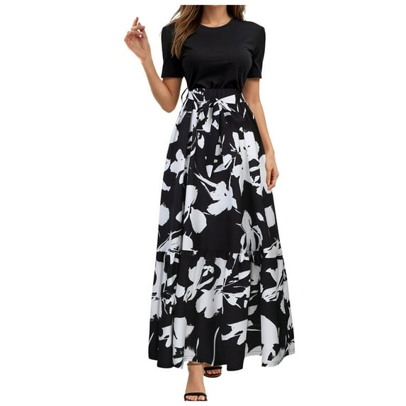 vigerkar Summer Dresses for Women 2025 Floral Print Wrap Short Sleeve Maxi Dress Patchwork Ruffle Hem A Line Dress Dark Gray, XL