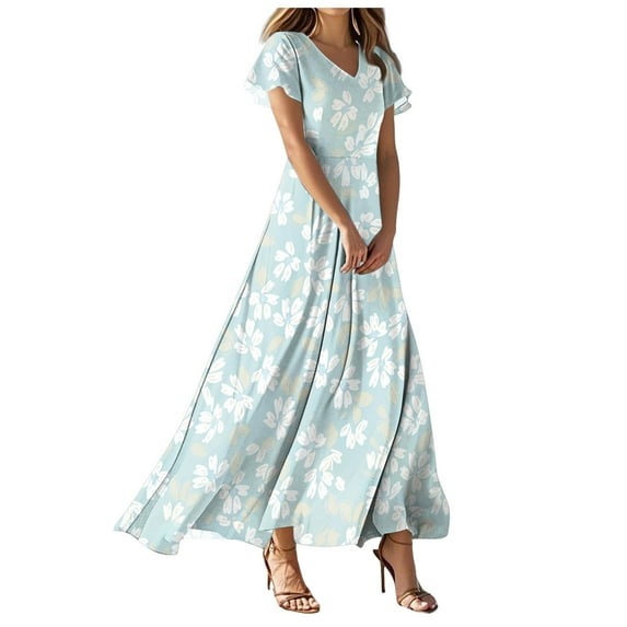 vigerkar Summer Dresses for Women 2025 Floral V Neck Long Dresses for Beach Vacation Flowy Casual Short Sleeve High Waist Retro Dress Sky Blue, M