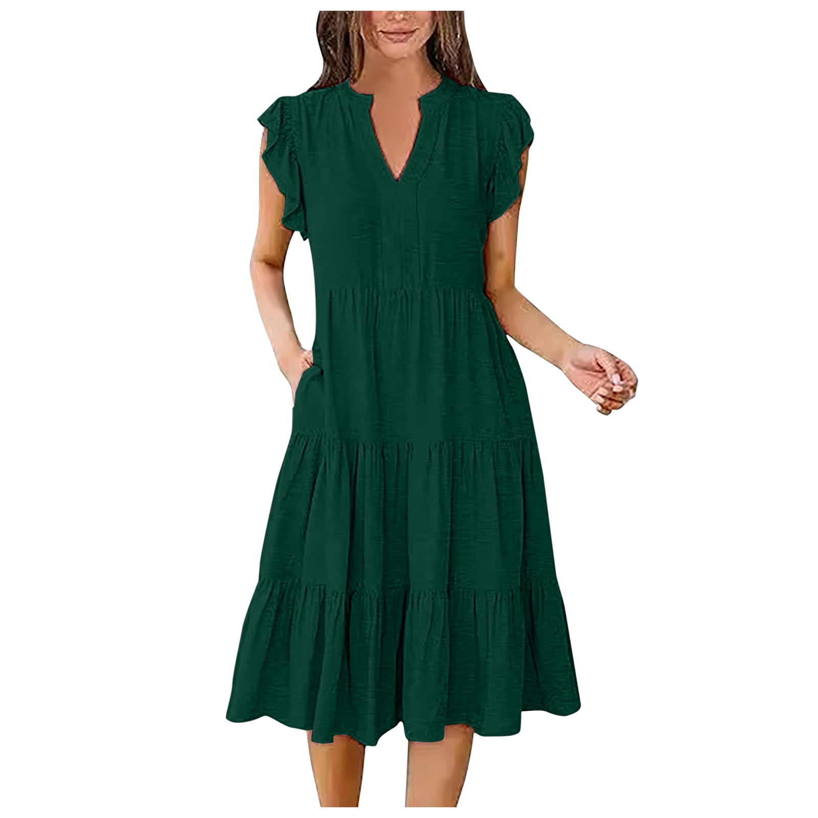 white christmas dresses Zapaka Women Dark Green Ruffled 1950s Dress Short Sleeves Swing Vintage Dress, Dark Green / S main image 0