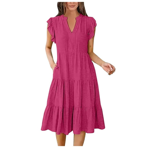 vigerkar Womens Summer Dress Ruffle Sleeve V Neck Midi Dresses Fashion Casual Fit Flowy Tiered Boho Beach Vacation Sundress Hot Pink, L