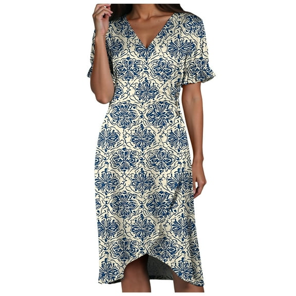 vigerkar Summer Dresses for Women Short Sleeve V Neck Casual Plus Size Midi Dress Dark Blue, XL