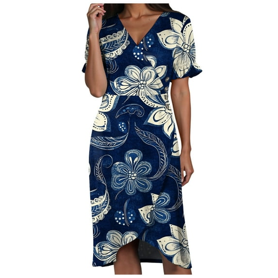 vigerkar Summer Dresses for Women Short Sleeve V Neck Casual Plus Size Midi Dress Navy, XL
