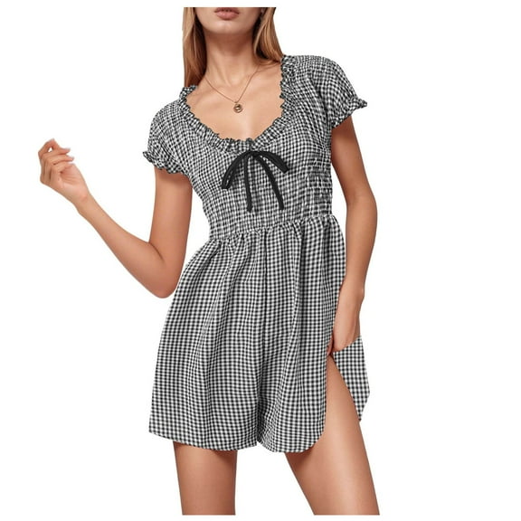 vigerkar Summer Gingham Romper for Women 2025 Dressy Casual Beach Vacation Short Plaid Smocked Jumpsuit Black, M