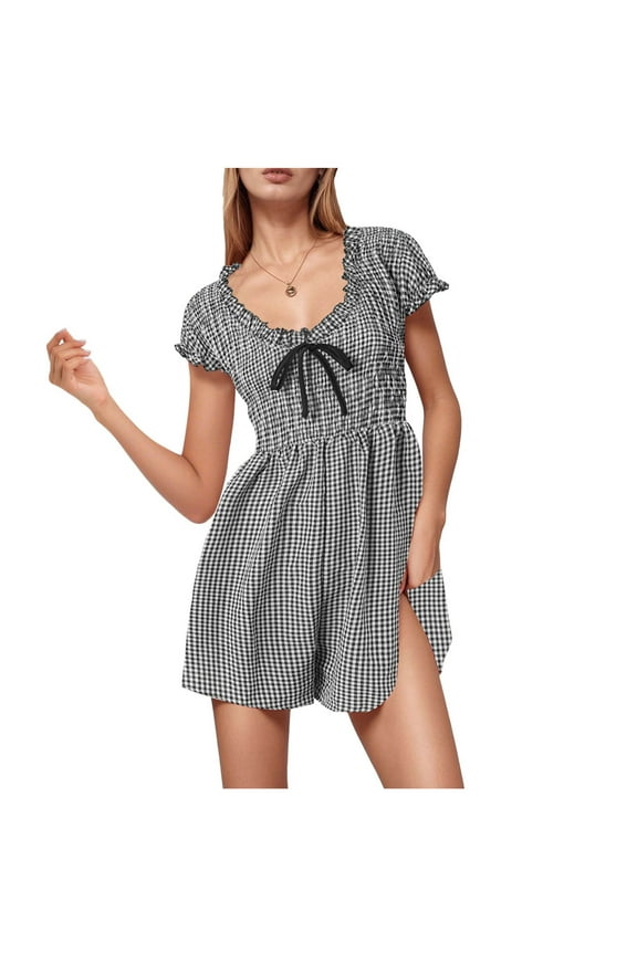 Summer Gingham Romper for Women 2025 Dressy Casual Beach Vacation Short Plaid Smocked Jumpsuit Black, M