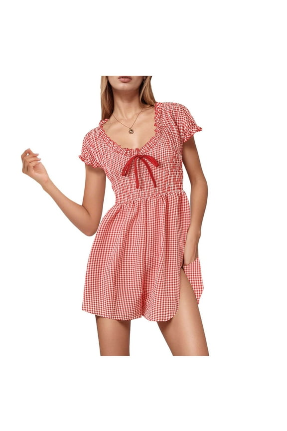 Summer Gingham Romper for Women 2025 Dressy Casual Beach Vacation Short Plaid Smocked Jumpsuit Red, M
