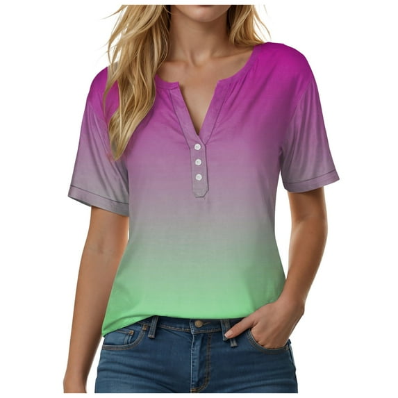 vigerkar Summer Gradient Tops for Women Casual Short Sleeve V Neck Shirts Business Dressy Work Blouses Top Hot Pink, XL