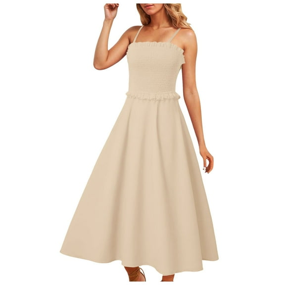 vigerkar Summer Maxi Dress, 2025 Sleeveless Sundress Cotton Dress Strap Smocked Beach Dresses for Women Beige, XL