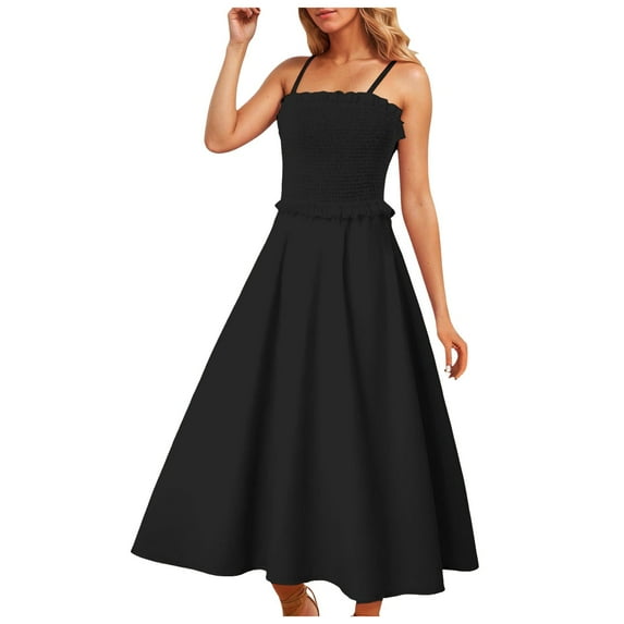 vigerkar Summer Maxi Dress, 2025 Sleeveless Sundress Cotton Dress Strap Smocked Beach Dresses for Women Black, L