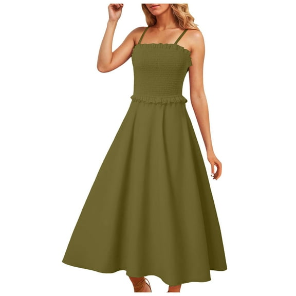 vigerkar Summer Maxi Dress, 2025 Sleeveless Sundress Cotton Dress Strap Smocked Beach Dresses for Women Green, XXL