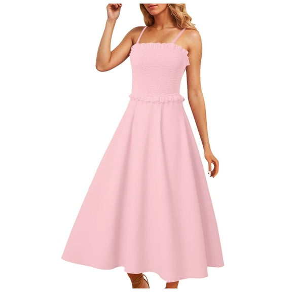vigerkar Summer Maxi Dress, 2025 Sleeveless Sundress Cotton Dress Strap Smocked Beach Dresses for Women Pink, L