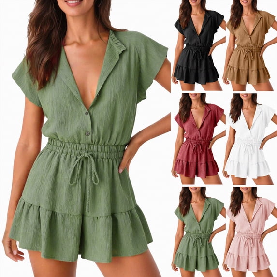 vigerkar Summer Rompers for Women 2026 V Neck Short Sleeve Button Up Ruffle Jumpsuit Outfit with Pockets (Khaki, S)