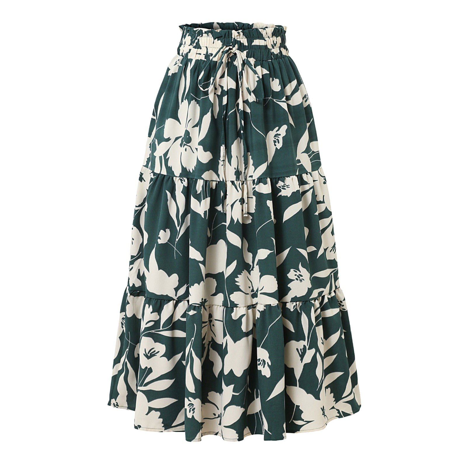 Boho Floral Tiered Maxi Skirt For Women - Flowy Elastic Waist A-Line Skirt For Summer & Vacation
