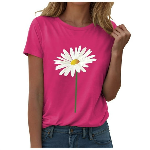 vigerkar Summer T Shirts for Women Cute Daisy Graphic Short Sleeve Top Vintage Printed Basic Crewneck Casual Tee Hot Pink, XXL