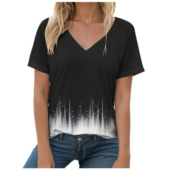 vigerkar Summer Tops for Women 2025 Short Sleeve V Neck T Shirts Trendy Vintage Basic Tees Loose Comfy Blouses Casual Outfits Black, XL