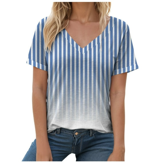 vigerkar Summer Tops for Women 2025 Short Sleeve V Neck T Shirts Trendy Vintage Basic Tees Loose Comfy Blouses Casual Outfits Blue, XL