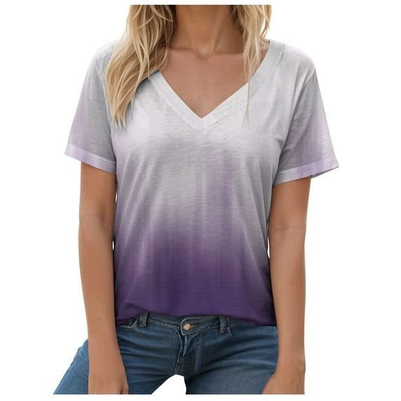 vigerkar Summer Tops for Women 2025 Short Sleeve V Neck T Shirts Trendy Vintage Basic Tees Loose Comfy Blouses Casual Outfits Light Purple, L