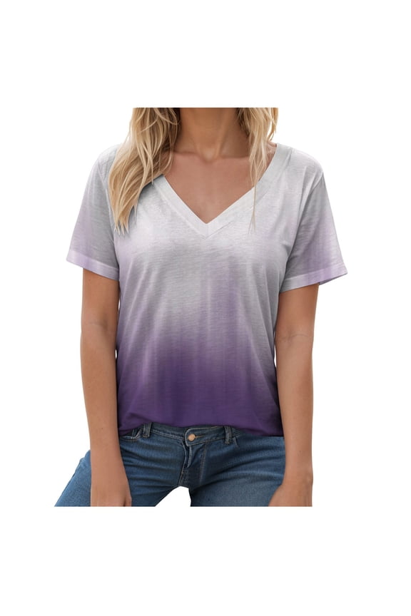 Summer Tops for Women 2025 Short Sleeve V Neck T Shirts Trendy Vintage Basic Tees Loose Comfy Blouses Casual Outfits Light Purple, XL