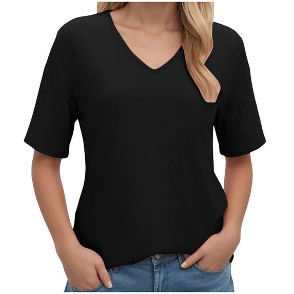 vigerkar Summer Tops for Women 2025 Women Casual Fashion Solid Color V Neck Short Sleeved T Shirt Basic Black, XL