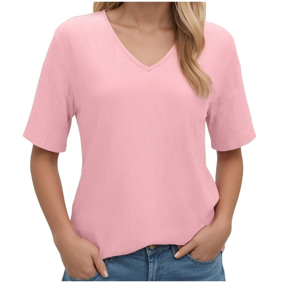 vigerkar Summer Tops for Women 2025 Women Casual Fashion Solid Color V Neck Short Sleeved T Shirt Basic Pink, S