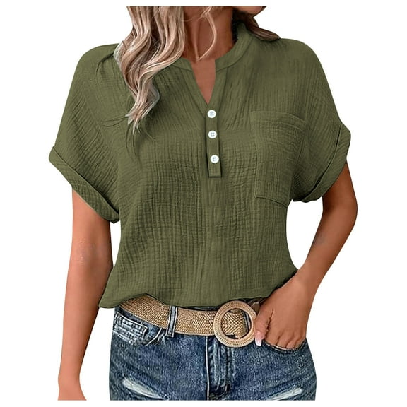 vigerkar Summer Tops for Women Trendy Short Sleeve Cotton Linen Shirt Casual Button V Neck Tunic Blouses Outfits (AG, 4XL)