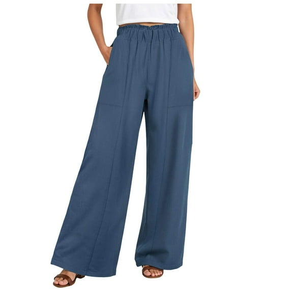 vigerkar Summer Wide Leg Linen Pants Women with Pockets High Waist Drawstring Loose Casual Palazzo Lounge Pants Women Dark Blue, L