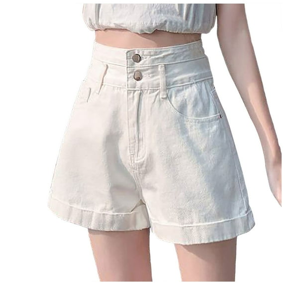 vigerkar Summer Women's Beach Shorts Low Rise VIntage Solid Color Sexy Short Jeans Juniors Shorts for Teen Girls White, S